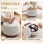 EOP 25" Round Storage Ottoman, Tufted Fabric Modern Circle Ottoman with Reversible Tray Lid, Solid Wood Legs, Multi-Use Coffee Table & Seating for Living Room, Bedroom, Beige