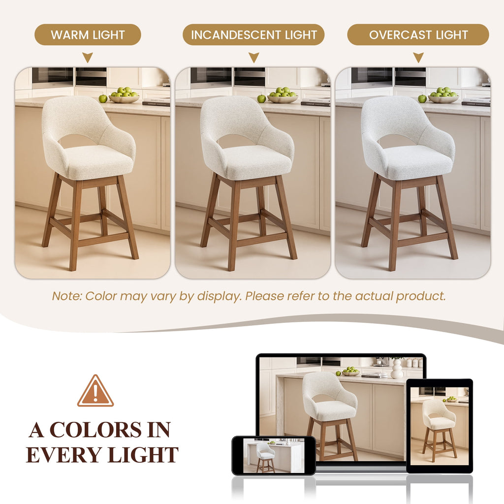 EOP Modern Swivel Bar Stools Set of 2, 25" Upholstered Counter Height Bar Stools with Wood Legs & Curved Back, Mid Century Bar Chairs for Kitchen Island Pub, Beige