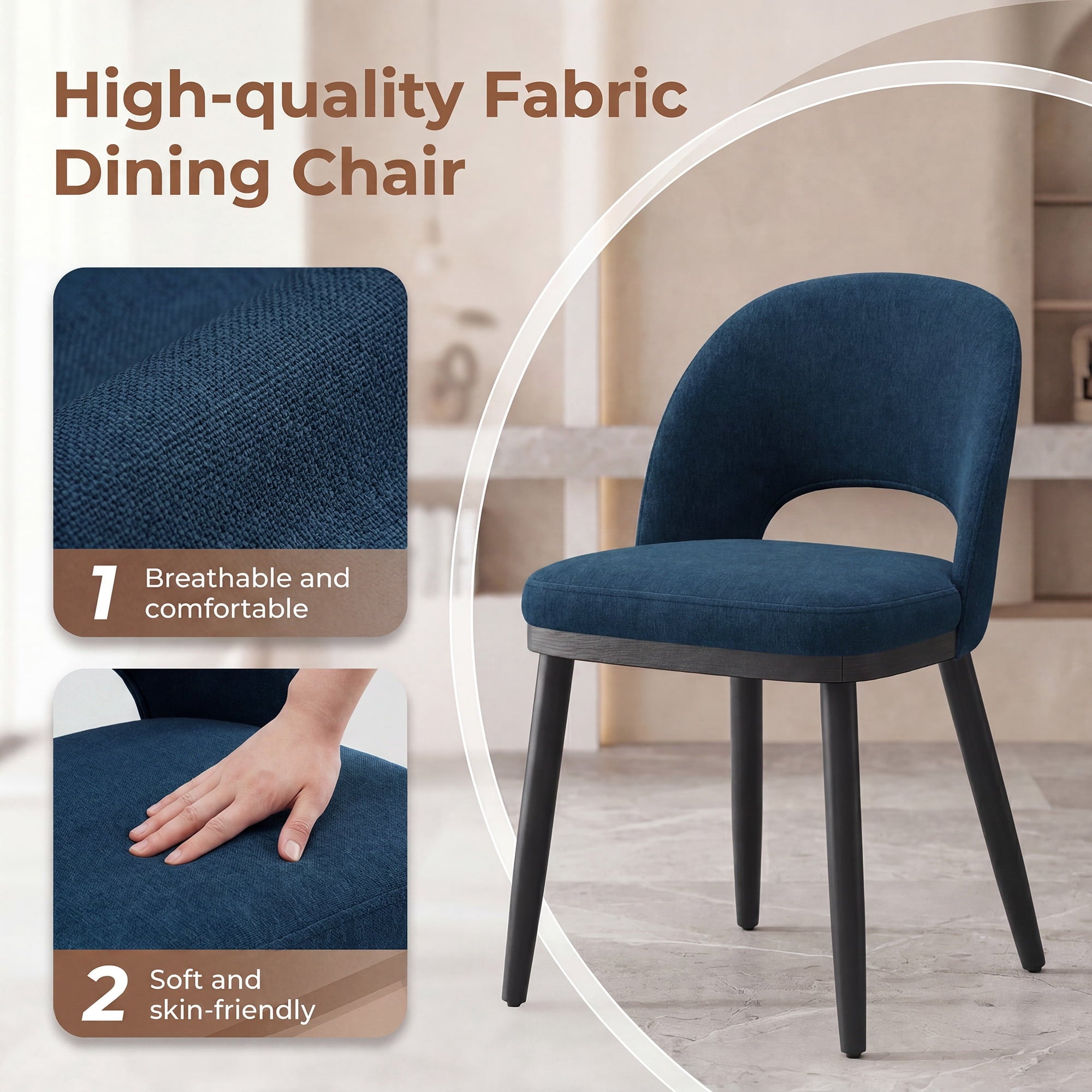 EOP Upholstered Dining Chairs Set of 6, Modern Fabric Dining Side Chairs with Solid Wood Legs, Comfortable Seating for Kitchen, Dining Room, Blue
