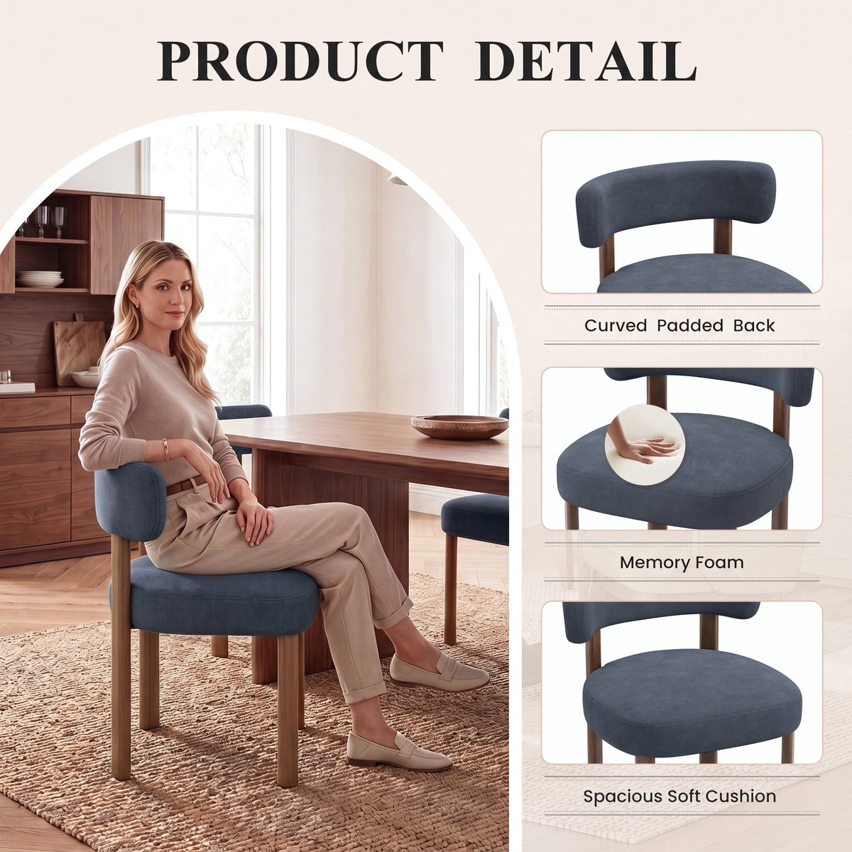 Upholstered Dining Chairs Set of 2, Mid Century Modern Dining Room Chairs, Farmhouse Wooden Chairs with Ergonomic Curved Backrest for Kitchen Dining Vanity, Blue