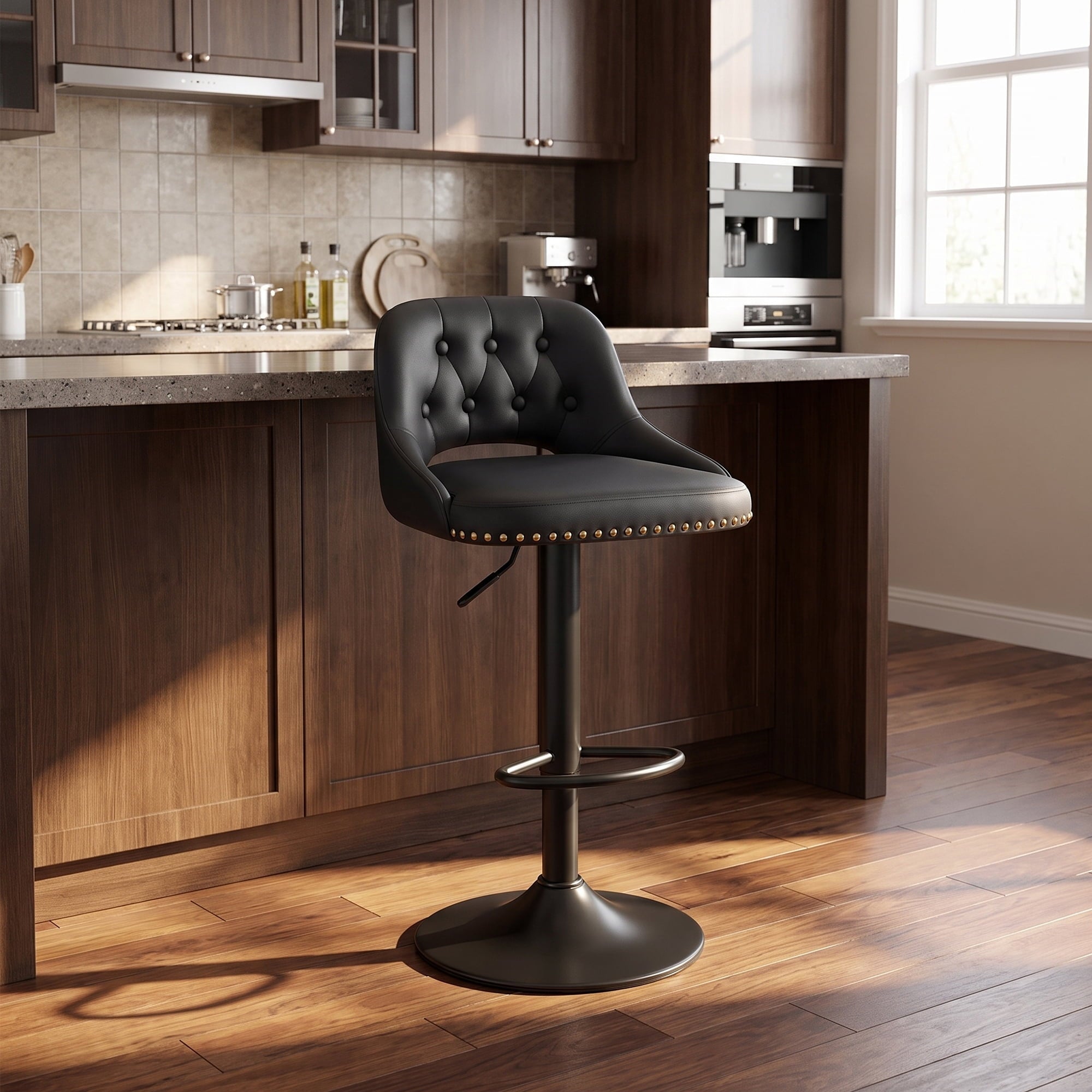 EOP Swivel Bar Stool, Adjustable Height PU Leather Bar Chair with Curved Backrest, Counter Height Seating for Kitchen Island Dining Room, Black