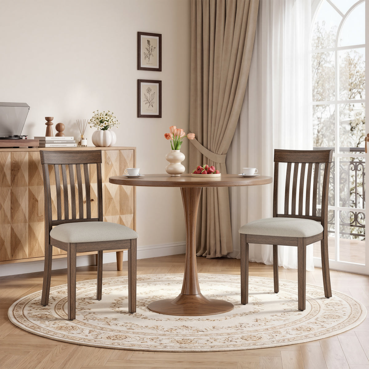 EOP Upholstered Dining Chair, Farmhouse Kitchen Wood Chairs with Backrest, Modern Fabric Padded Dining Chairs for Kitchen, Living Room