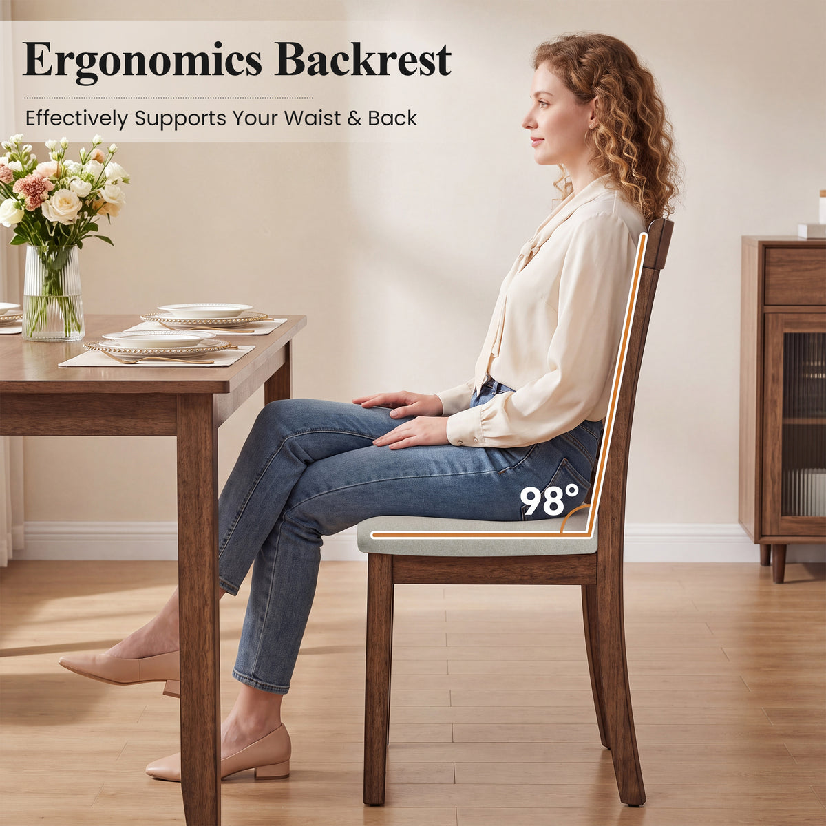 EOP Upholstered Dining Chair, Farmhouse Kitchen Wood Chairs with Backrest, Modern Fabric Padded Dining Chairs for Kitchen, Living Room