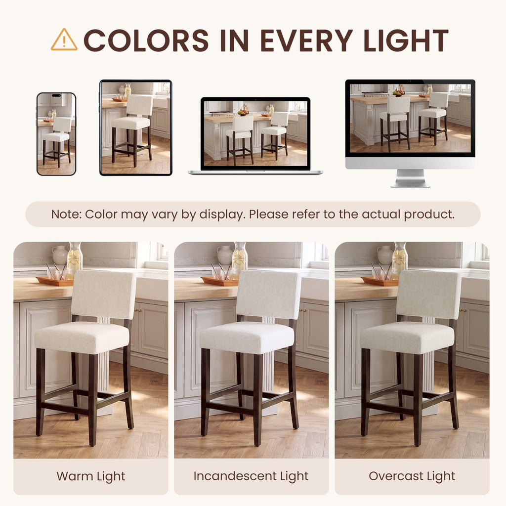 EOP 25.98" Modern Counter Height Barstools Set of 2, Farmhouse Wooden Upholstered Bar Stools With Footrest for Kitchen Island, Bar, Dining Room, Beige