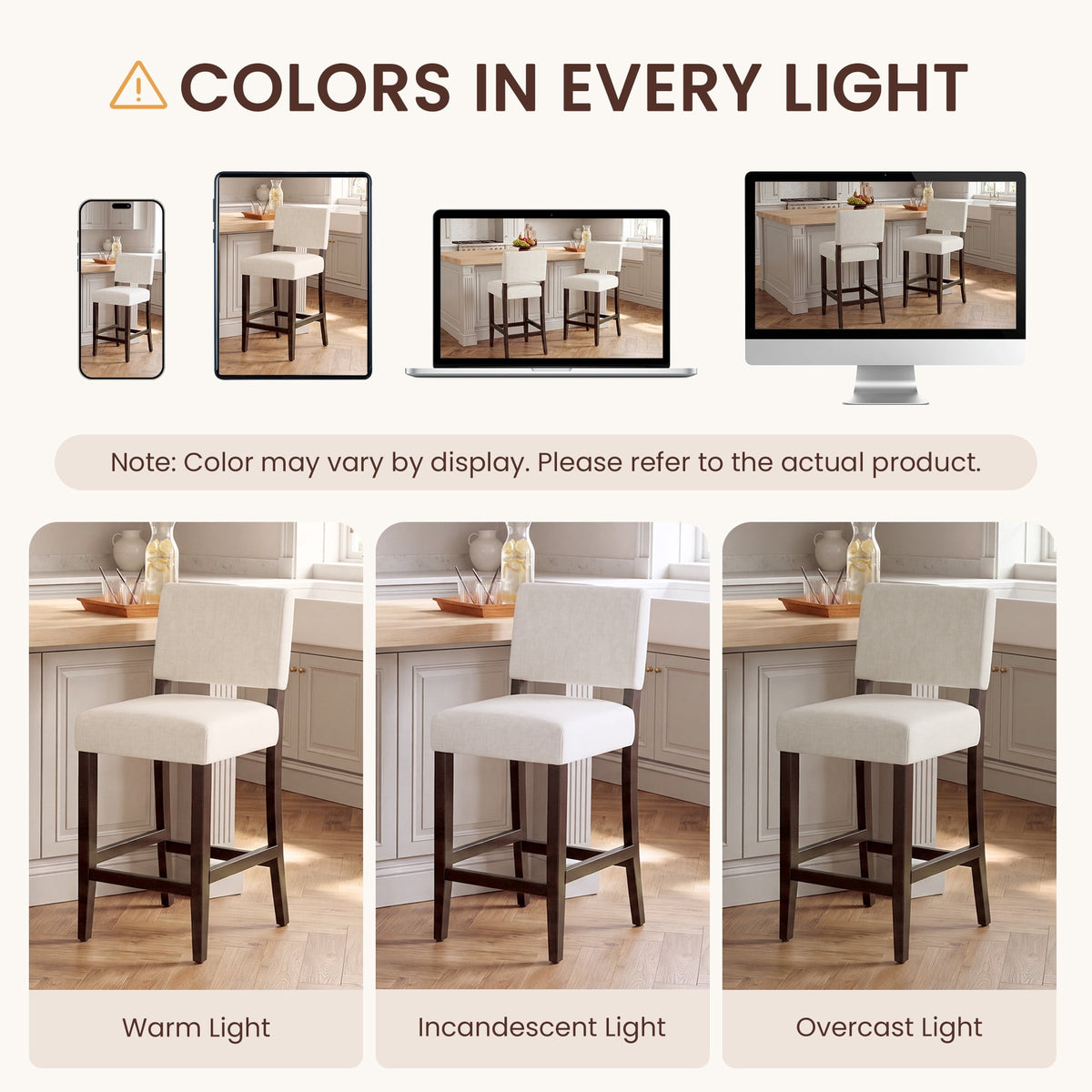 EOP 25.98" Modern Counter Height Barstools Set of 2, Farmhouse Wooden Upholstered Bar Stools With Footrest for Kitchen Island, Bar, Dining Room, Beige
