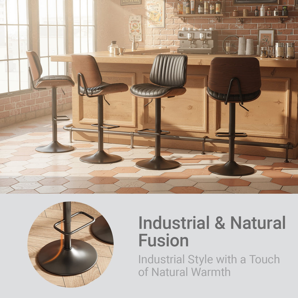 EOP Modern Single Upholstered 26’’H Barstool, Adjustable Height Counter Stool with Bentwood, Faux Leather Swivel Bar Stool with Metal Frame, Black