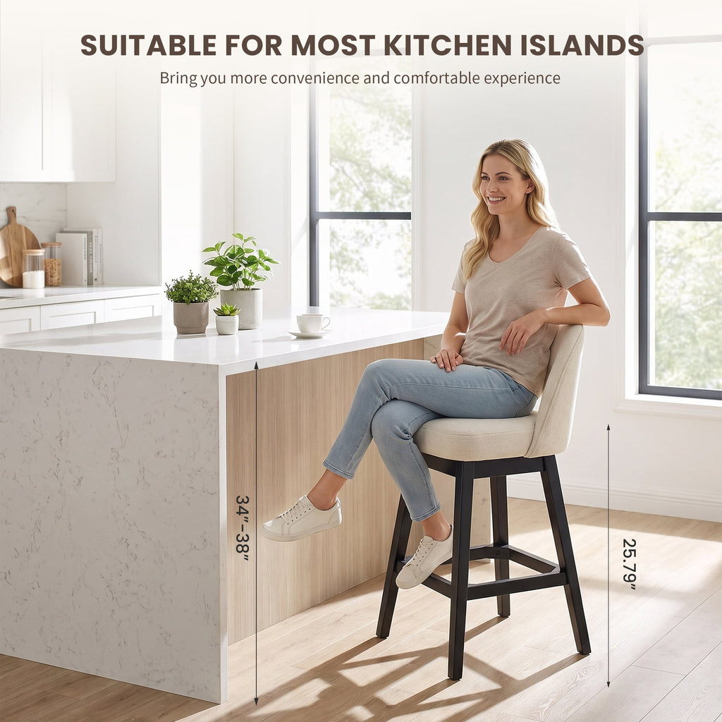 EOP 26'' Swivel Counter Height Bar Stools Set of 2, Modern Upholstered Bar Stools with Curved Back and Solid Wood Legs, Bar Chairs for Kitchen Island Home Bar, Beige