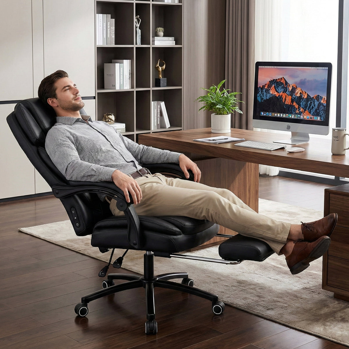 EOP Big and Tall Office Chair with Footrest, Heated Massage Faux Leather Computer Chair with 3D Linkage Armrests and Lumbar Pillow, Black