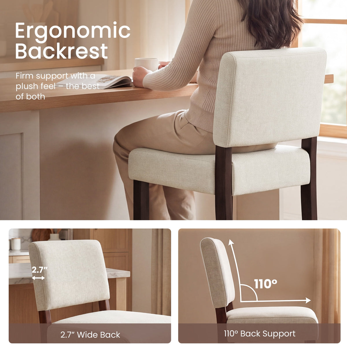 EOP 25.98" Modern Counter Height Barstools Set of 2, Farmhouse Wooden Upholstered Bar Stools With Footrest for Kitchen Island, Bar, Dining Room, Beige