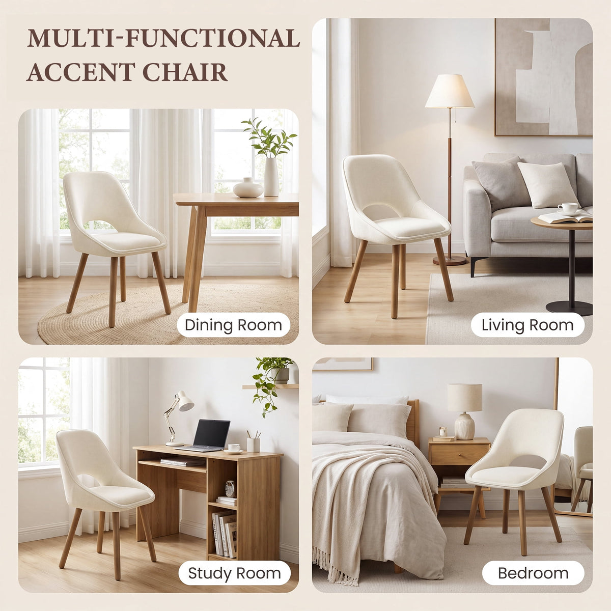 EOP Modern Upholstered Dining Chairs with Curved Back, Mid-Century Side Chairs with Solid Wood Legs For Dining Room, Kitchen and Restaurant, Set of 4, Beige