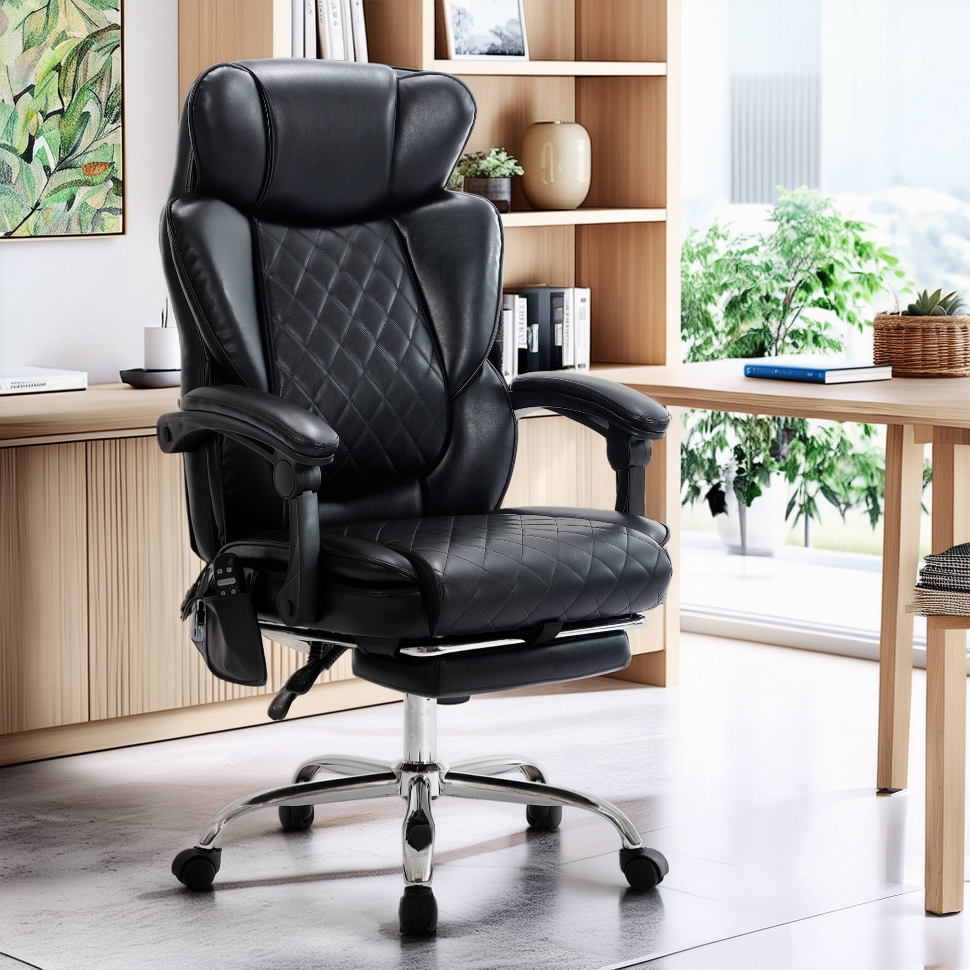 EOP Massage Office Chair, Reclining Faux Leather Chair with Heat and 6 Vibration Points, Big and Tall Executive Desk Chair with Headrest and Adjustable Footrest, Black