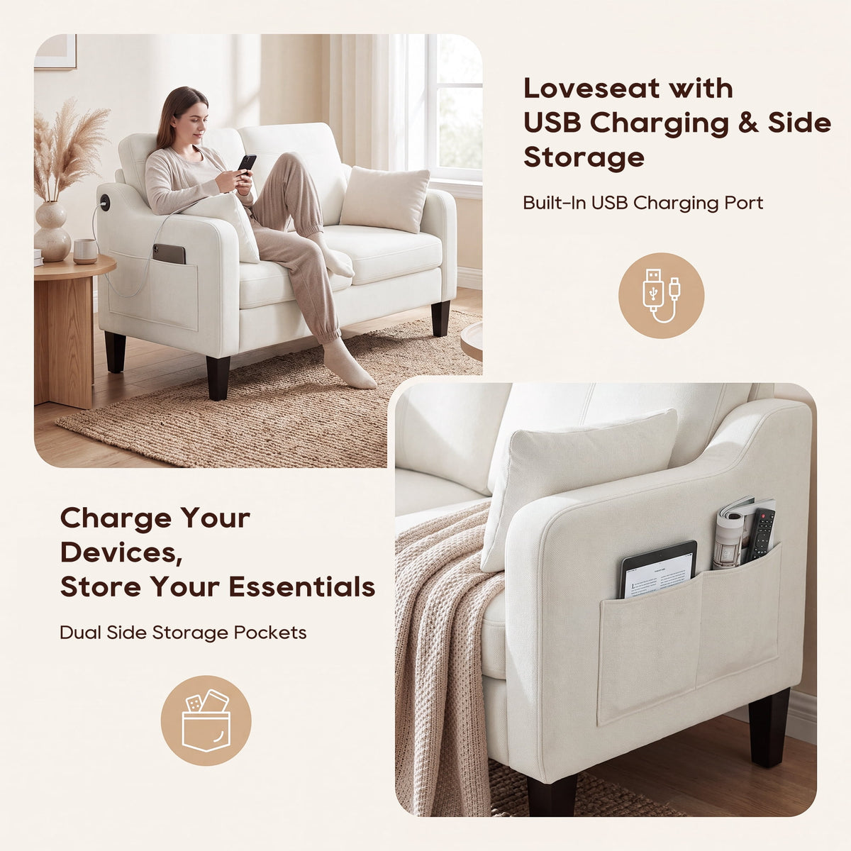 EOP 52" Upholstered Loveseat Sofa with USB & Type-C Charging, 2 Seater Small Couch with Storage Pockets & Armrest Pillows for Living Room, Apartment, Office, Small Spaces, Beige