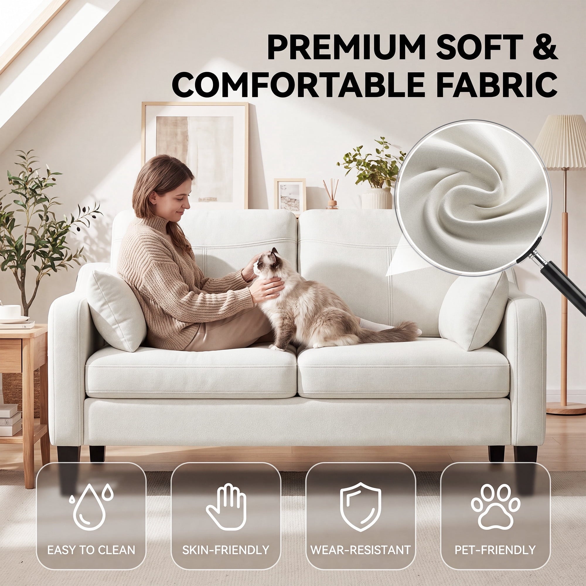 EOP 52" Upholstered Loveseat Sofa with USB & Type-C Charging, 2 Seater Small Couch with Storage Pockets & Armrest Pillows for Living Room, Apartment, Office, Small Spaces, Beige