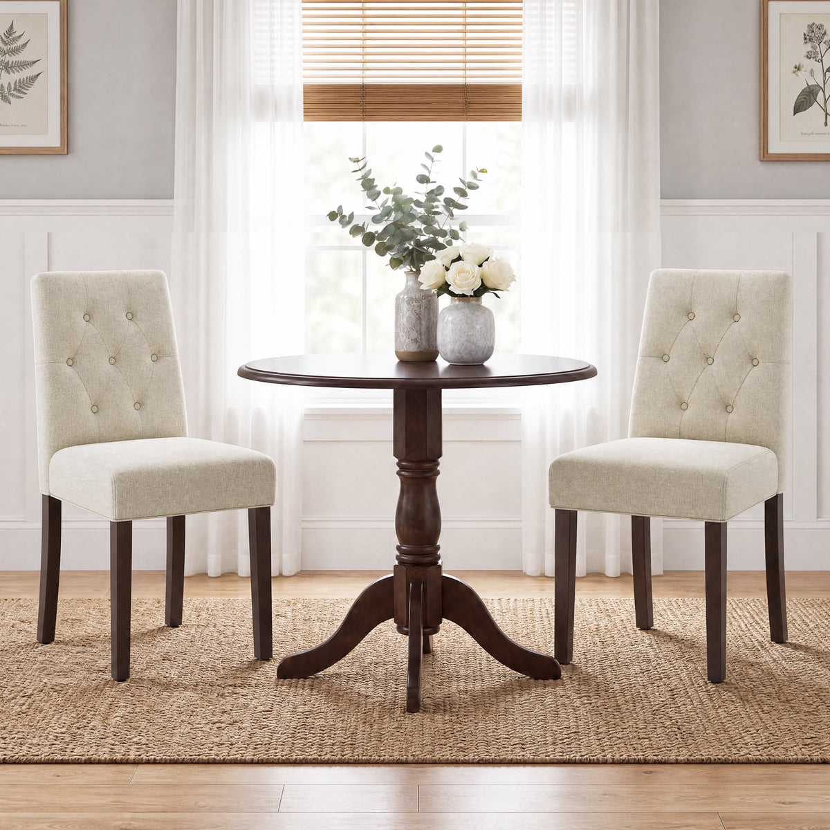 EOP Dining Chairs Set of 2, Modern Upholstered Fabric Dining Room Chairs, Armless Kitchen Side Chairs with Wood Legs and Padded Seat for Living Room, Bedroom, Kitchen, Beige