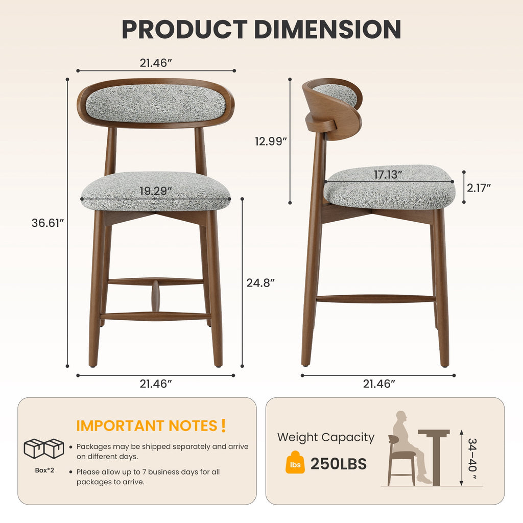 EOP Modern Bar Stools Set of 4, Upholstered 24.8″ Counter Height Bar Stools, Kitchen Island Barstools with Wood Legs for Kitchen Island Dining Room Bar, Light Gray