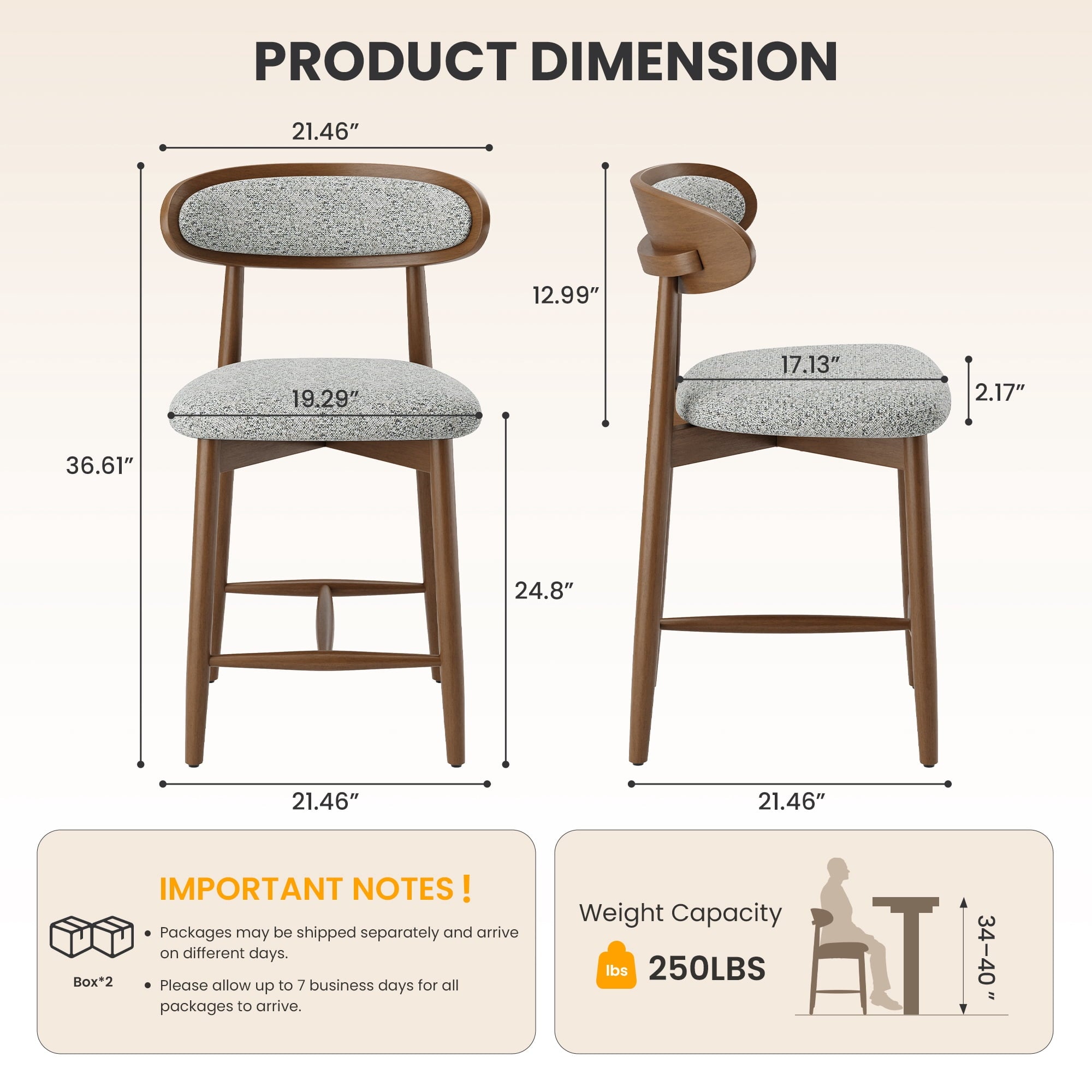 EOP Modern Bar Stools Set of 4, Upholstered 24.8″ Counter Height Bar Stools, Kitchen Island Barstools with Wood Legs for Kitchen Island Dining Room Bar, Light Gray