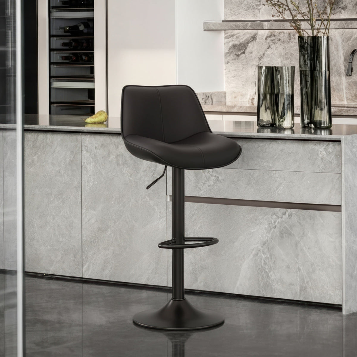 EOP Upholstered Bar Stool Set of 1, Adjustable Swivel Counter Height Bar Chair with Backrest, Modern PU Leather Counter Stool for Bar, Kitchen, Dining Room, Black