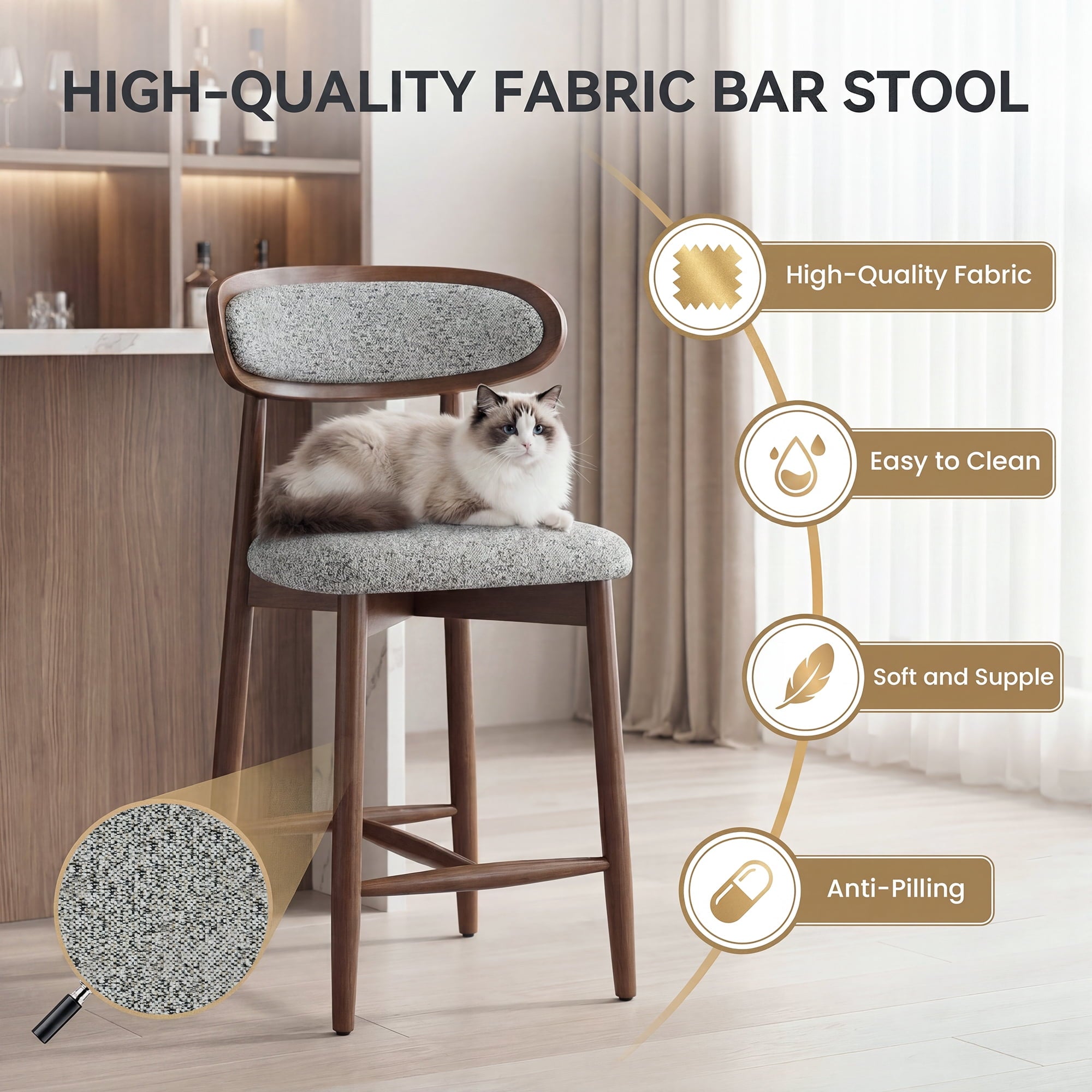 EOP Modern Bar Stools Set of 4, Upholstered 24.8″ Counter Height Bar Stools, Kitchen Island Barstools with Wood Legs for Kitchen Island Dining Room Bar, Light Gray
