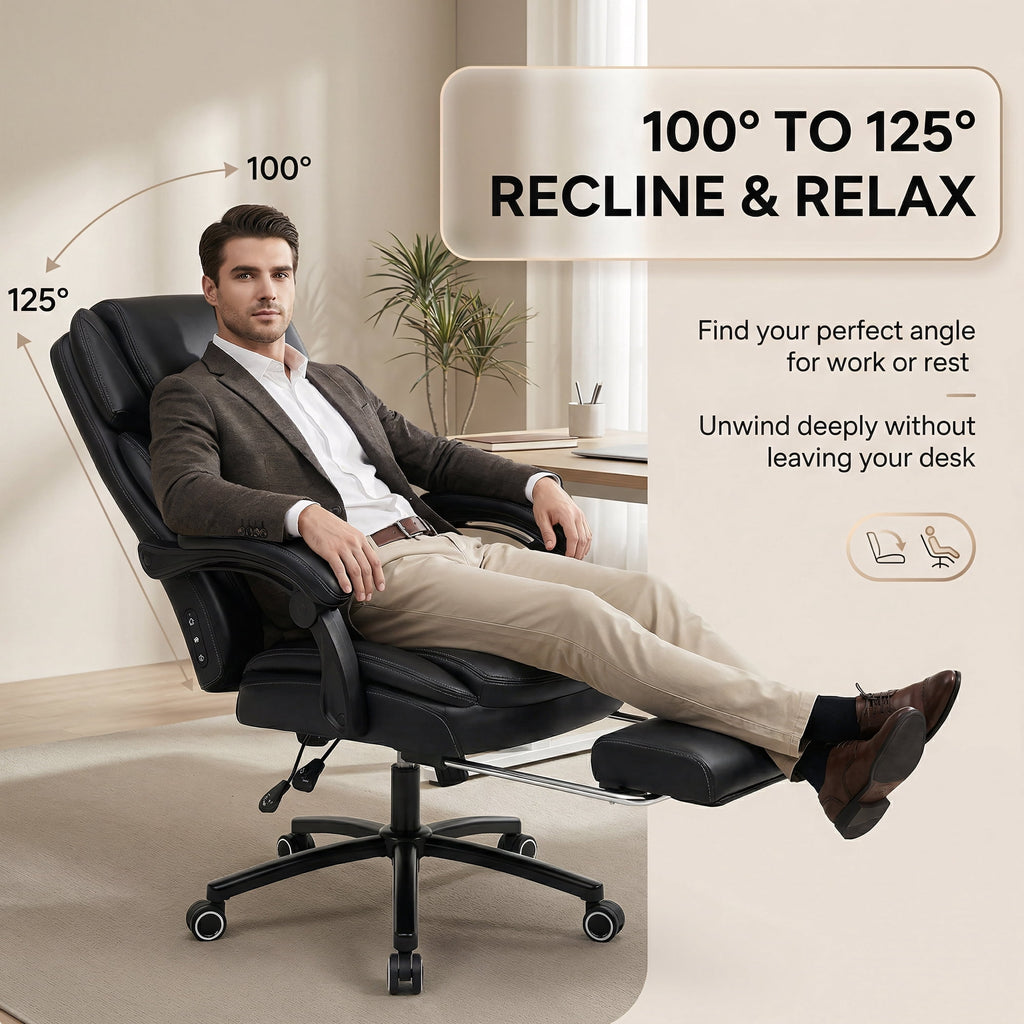 EOP Big and Tall Office Chair with Footrest, Heated Massage Faux Leather Computer Chair with 3D Linkage Armrests and Lumbar Pillow, Black