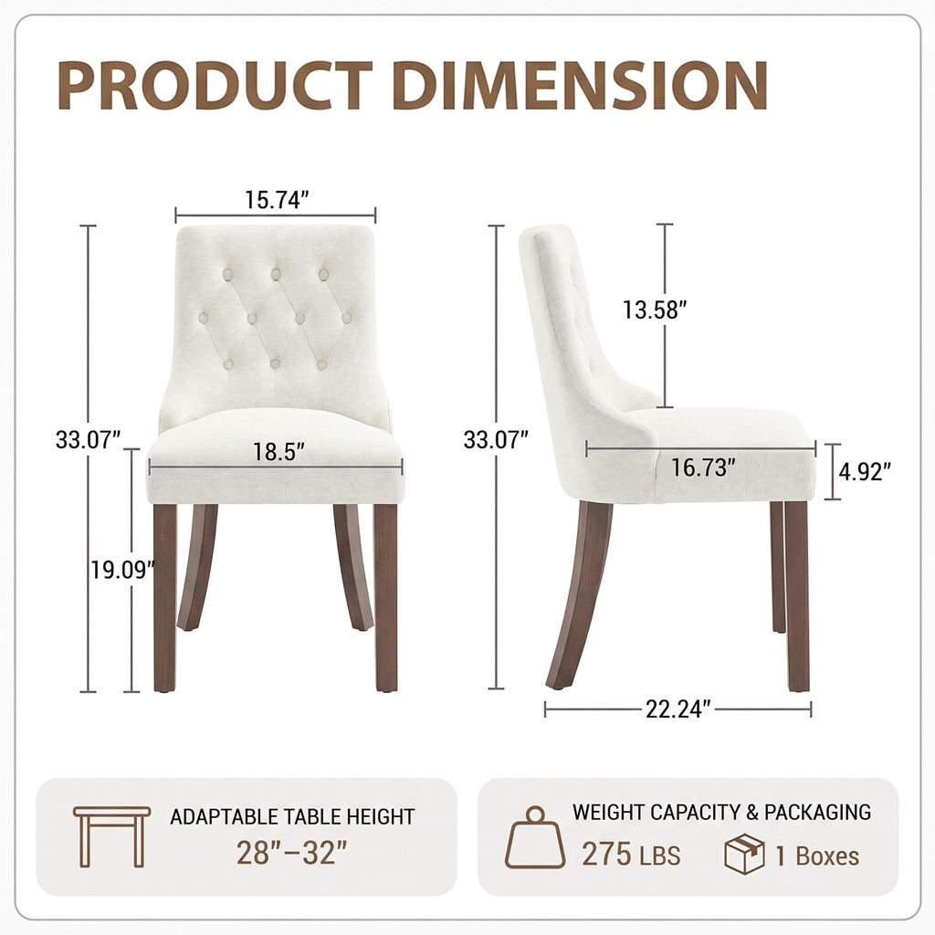 EOP Mid Century Modern Dining Chairs Set of 2, Farmhouse Upholstered Kitchen Chairs with Solid Wood Legs and Button Tufted for Dining Room, Beige