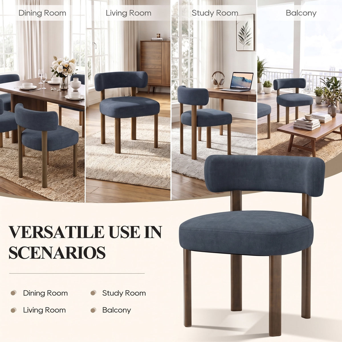 Upholstered Dining Chairs Set of 2, Mid Century Modern Dining Room Chairs, Farmhouse Wooden Chairs with Ergonomic Curved Backrest for Kitchen Dining Vanity, Blue