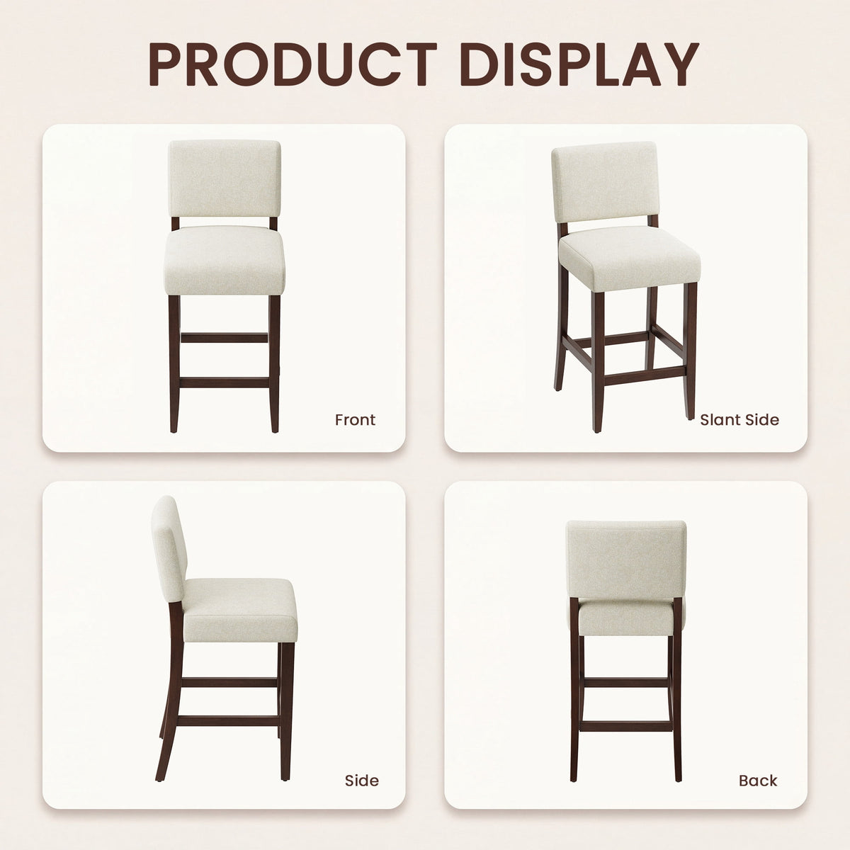 EOP 25.98" Modern Counter Height Barstools Set of 2, Farmhouse Wooden Upholstered Bar Stools With Footrest for Kitchen Island, Bar, Dining Room, Beige