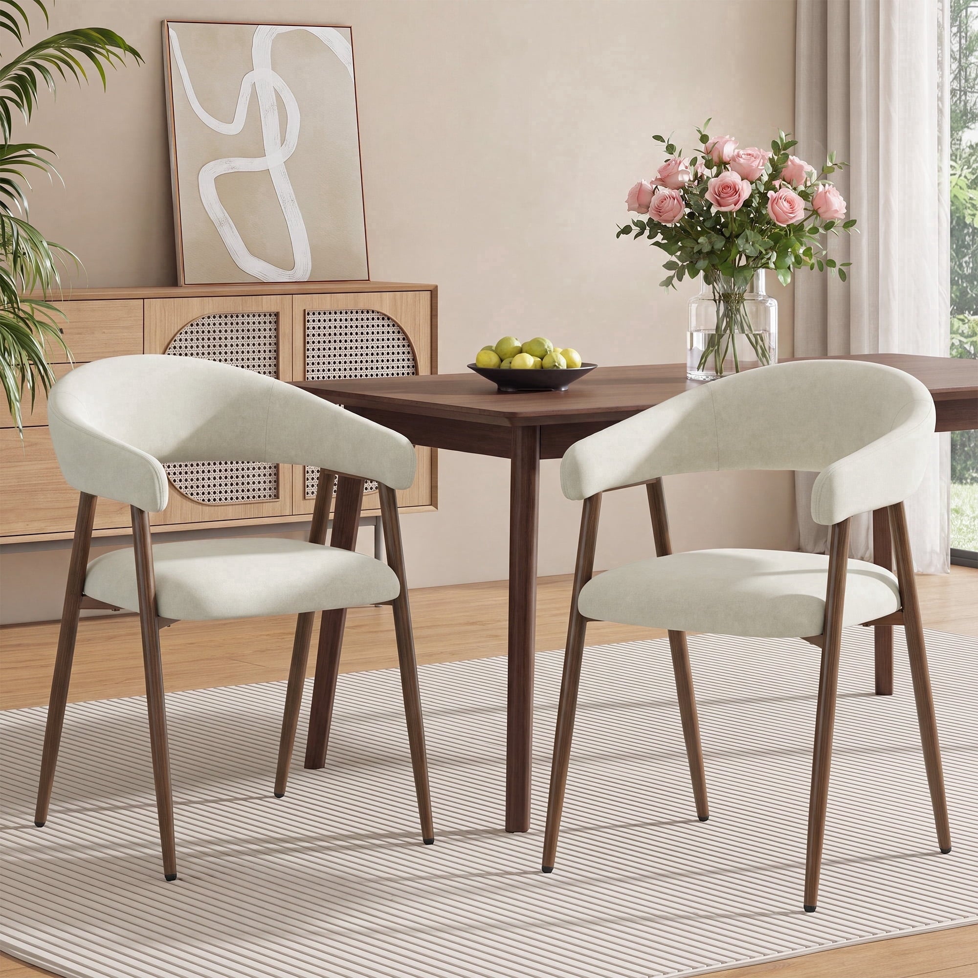 EOP Modern Linen Fabric Dining Chairs Set of 2, Upholstered Kitchen Chair with Metal Leg for Dining Room Restaurant, Beige