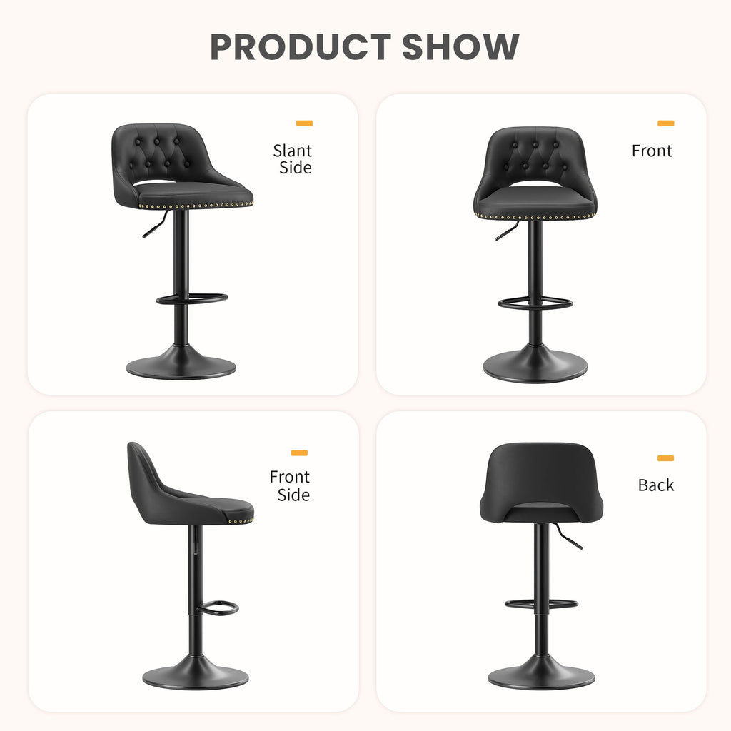 EOP Swivel Bar Stool, Adjustable Height PU Leather Bar Chair with Curved Backrest, Counter Height Seating for Kitchen Island Dining Room, Black