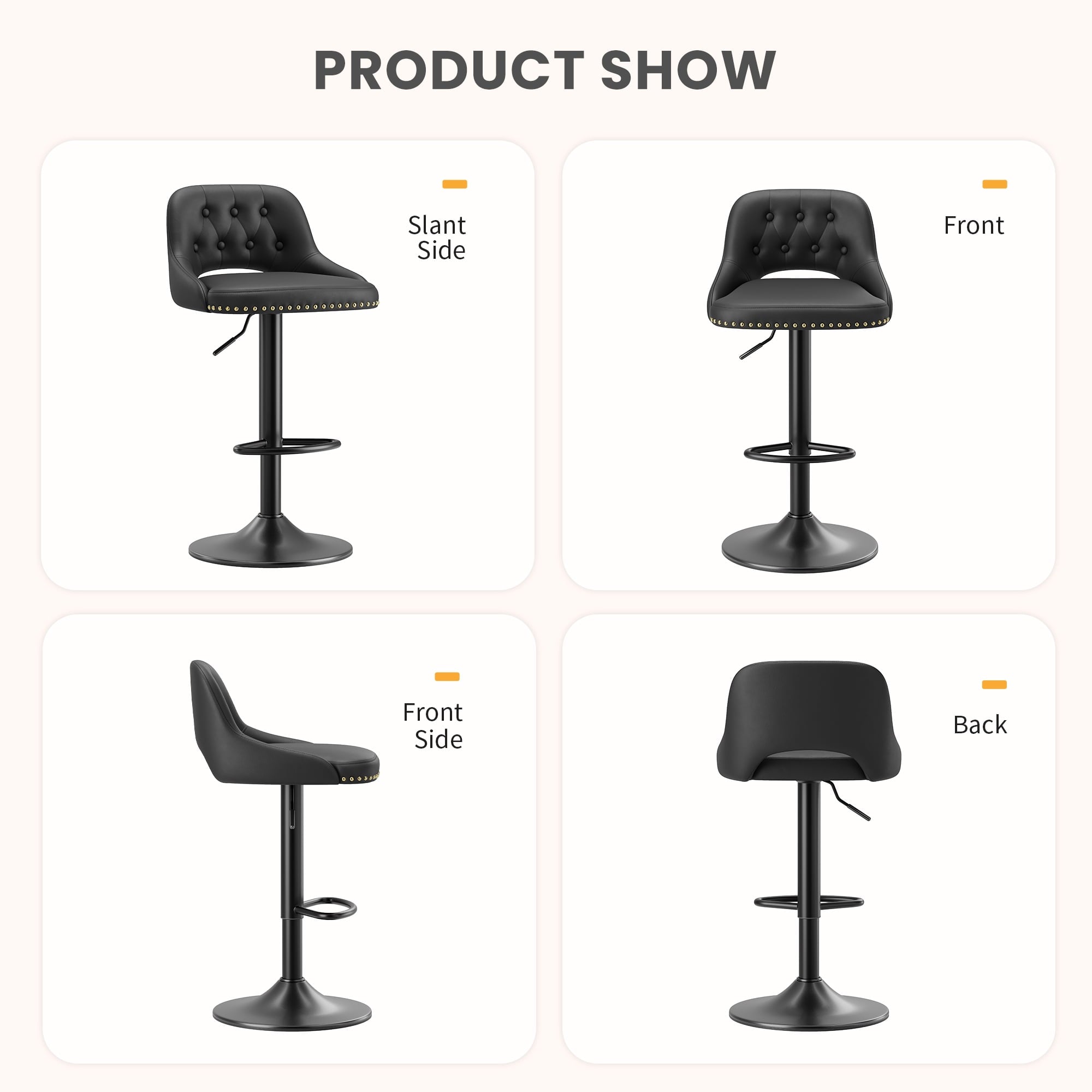EOP Swivel Bar Stool, Adjustable Height PU Leather Bar Chair with Curved Backrest, Counter Height Seating for Kitchen Island Dining Room, Black