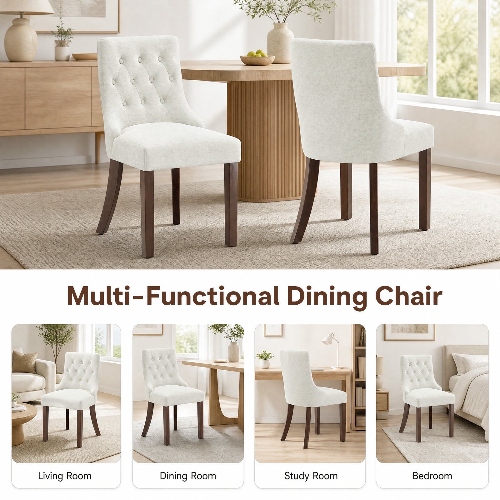 EOP Mid Century Modern Dining Chairs Set of 2, Farmhouse Upholstered Kitchen Chairs with Solid Wood Legs and Button Tufted for Dining Room, Beige