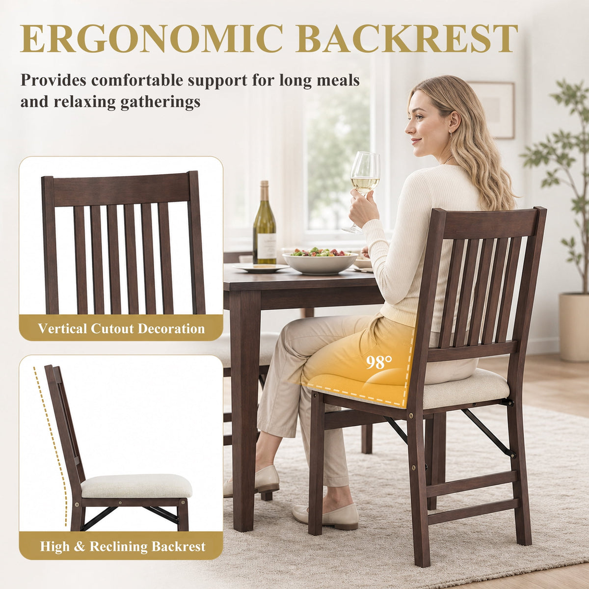 EOP Folding Dining Chairs Set of 2, Wooden Foldable Dining Room Chairs for Kitchen & Small Spaces, Mid Century Modern Upholstered Kitchen chairs, No Assembly Required, Beige