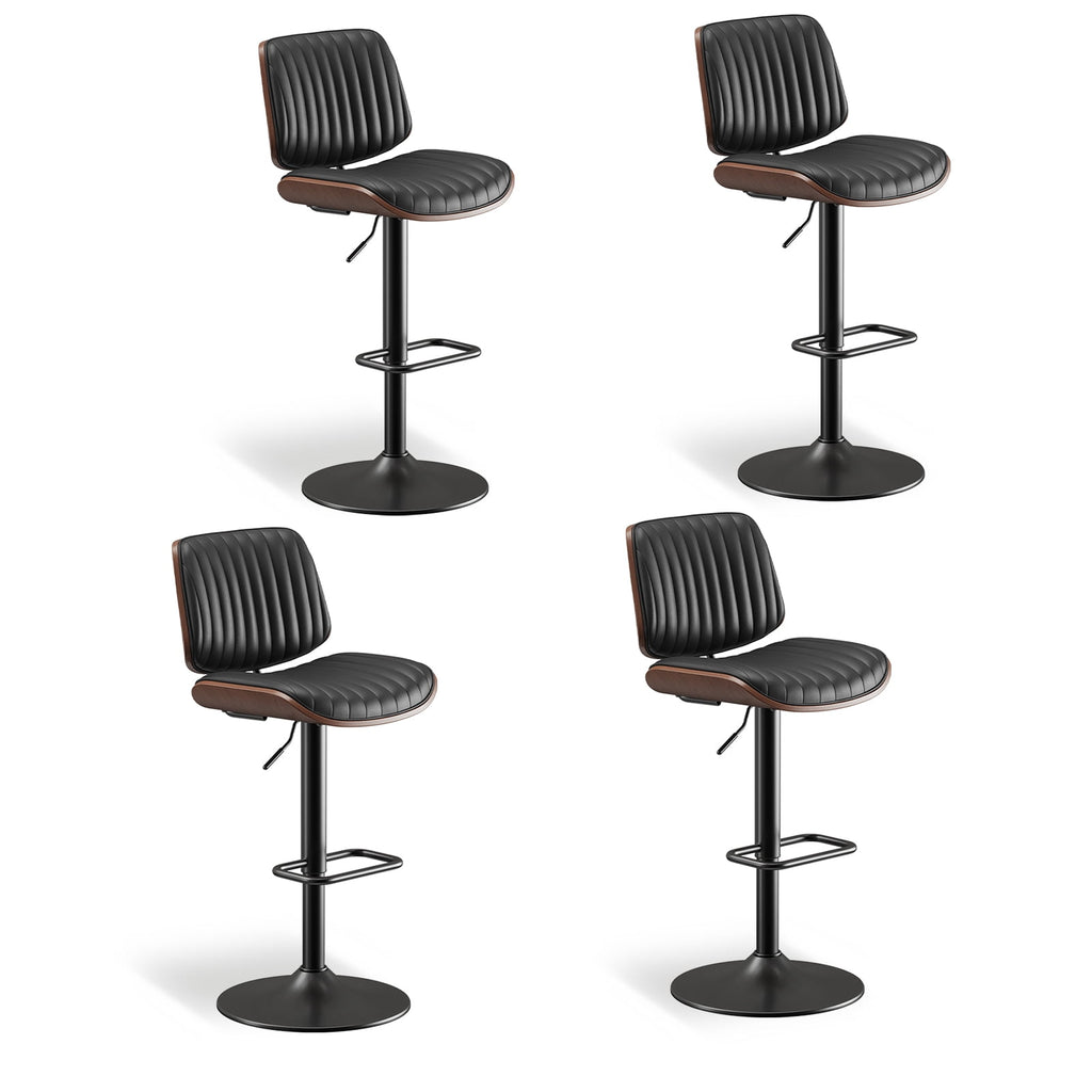 EOP Modern Upholstered Barstools Set of 4, Adjustable Height Counter Stools with Bentwood, Faux Leather Swivel Bar Stools with Metal Frame, Black