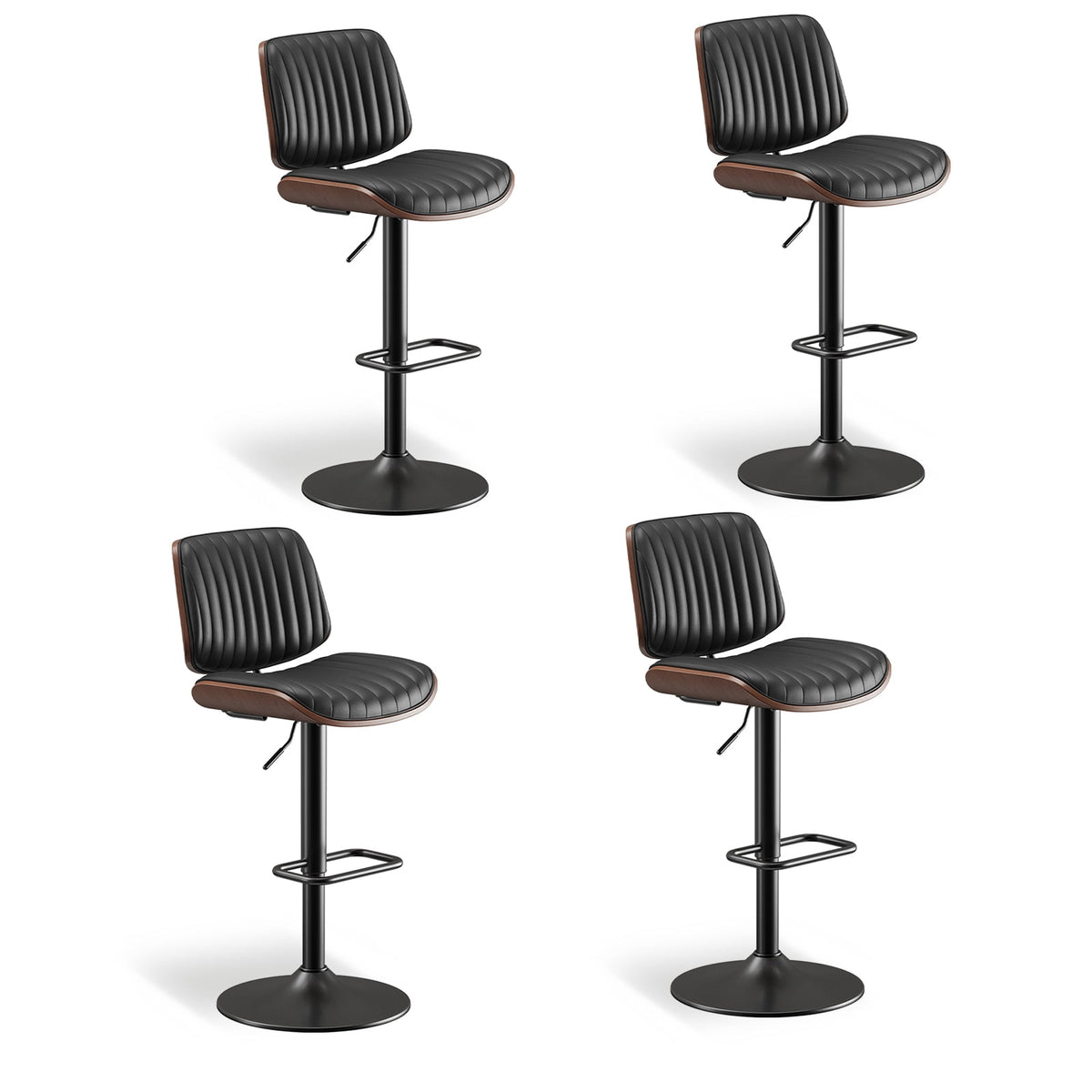 EOP Modern Upholstered Barstools Set of 4, Adjustable Height Counter Stools with Bentwood, Faux Leather Swivel Bar Stools with Metal Frame, Black