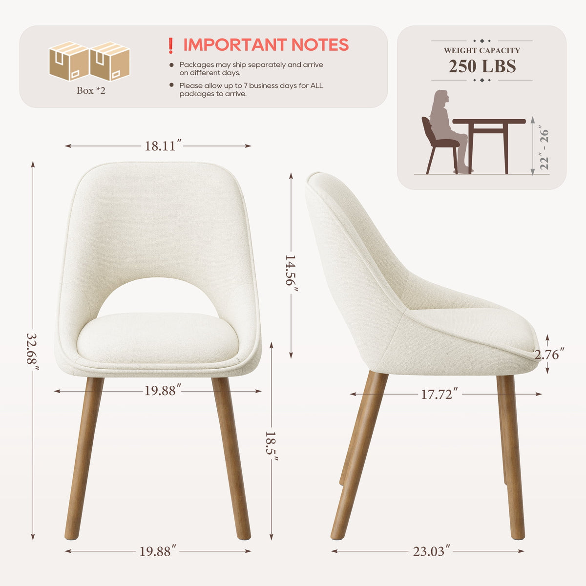 EOP Modern Upholstered Dining Chairs with Curved Back, Mid-Century Side Chairs with Solid Wood Legs For Dining Room, Kitchen and Restaurant, Set of 4, Beige