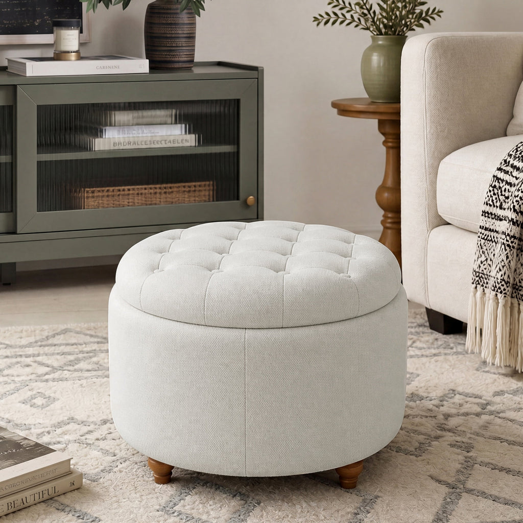 EOP 25" Round Storage Ottoman, Tufted Fabric Modern Circle Ottoman with Reversible Tray Lid, Solid Wood Legs, Multi-Use Coffee Table & Seating for Living Room, Bedroom, Beige