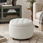 EOP 25" Round Storage Ottoman, Tufted Fabric Modern Circle Ottoman with Reversible Tray Lid, Solid Wood Legs, Multi-Use Coffee Table & Seating for Living Room, Bedroom, Beige