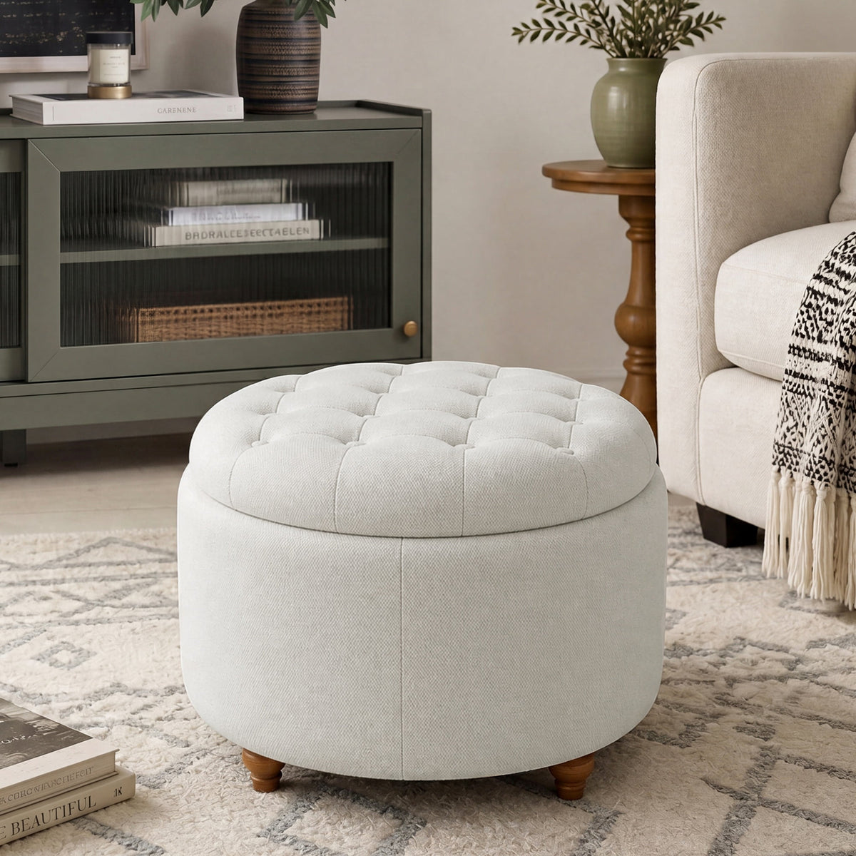 EOP 25" Round Storage Ottoman, Tufted Fabric Modern Circle Ottoman with Reversible Tray Lid, Solid Wood Legs, Multi-Use Coffee Table & Seating for Living Room, Bedroom, Beige