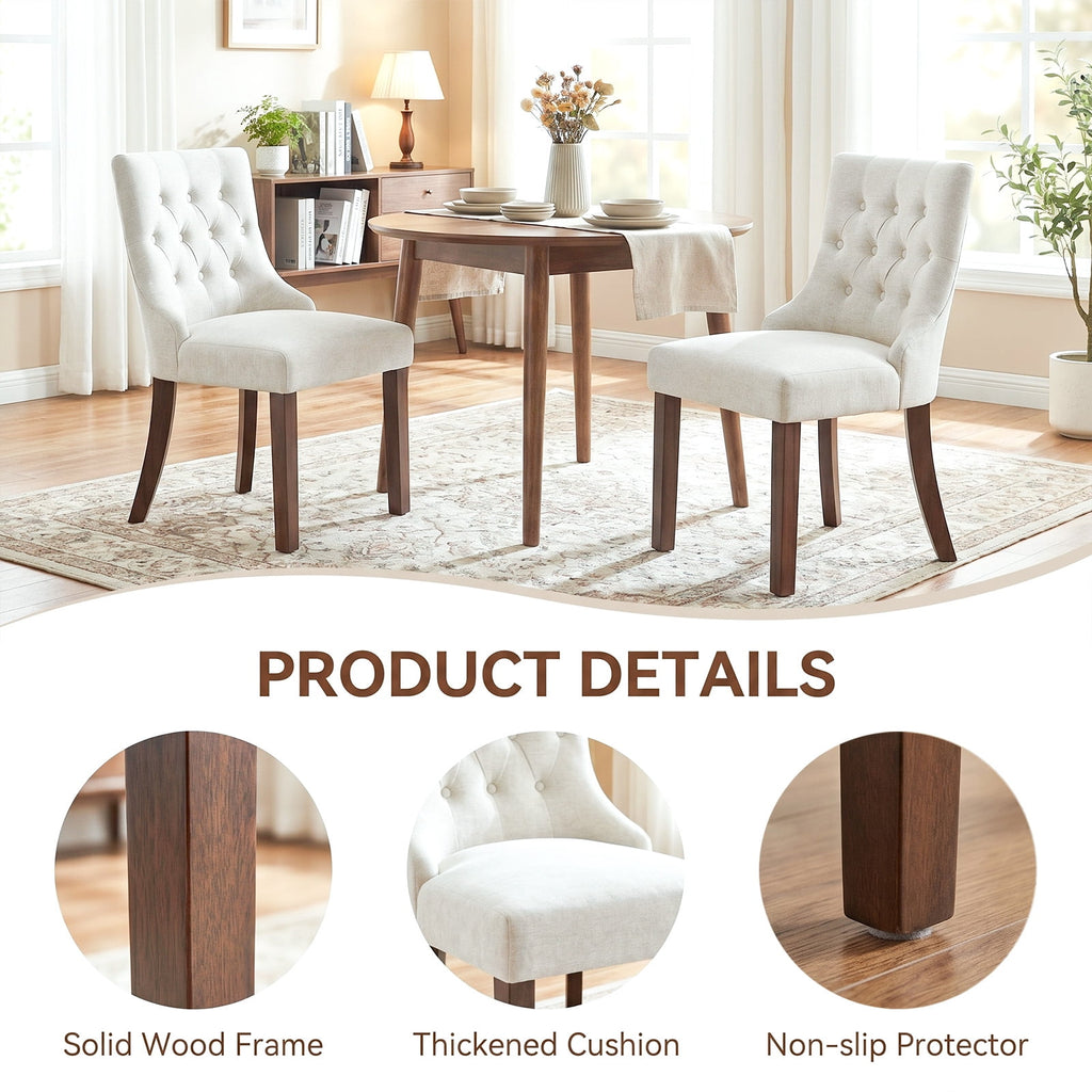 EOP Mid Century Modern Dining Chairs Set of 2, Farmhouse Upholstered Kitchen Chairs with Solid Wood Legs and Button Tufted for Dining Room, Beige