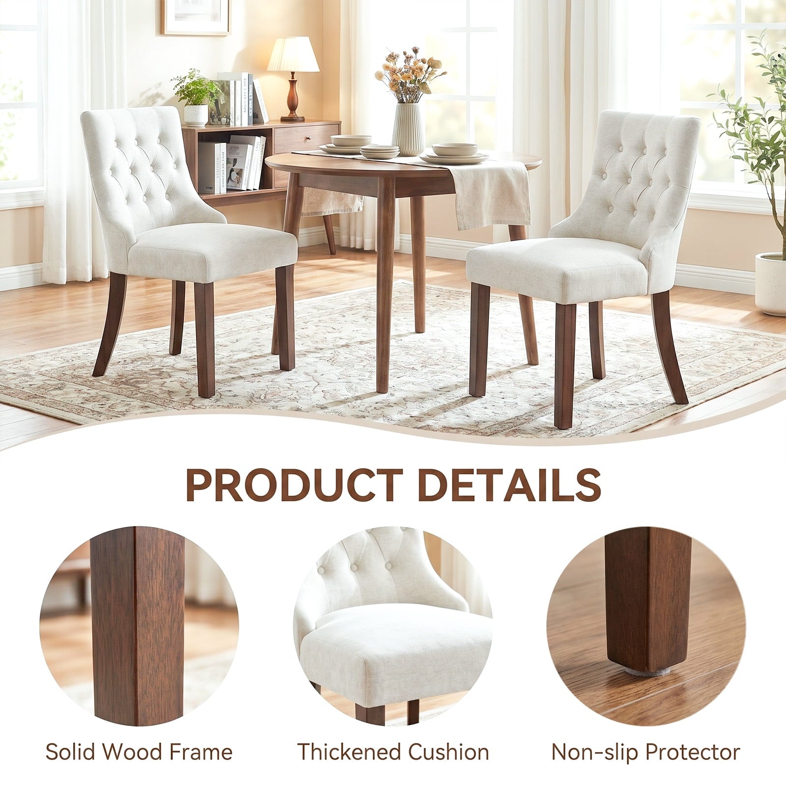 EOP Mid Century Modern Dining Chairs Set of 2, Farmhouse Upholstered Kitchen Chairs with Solid Wood Legs and Button Tufted for Dining Room, Beige