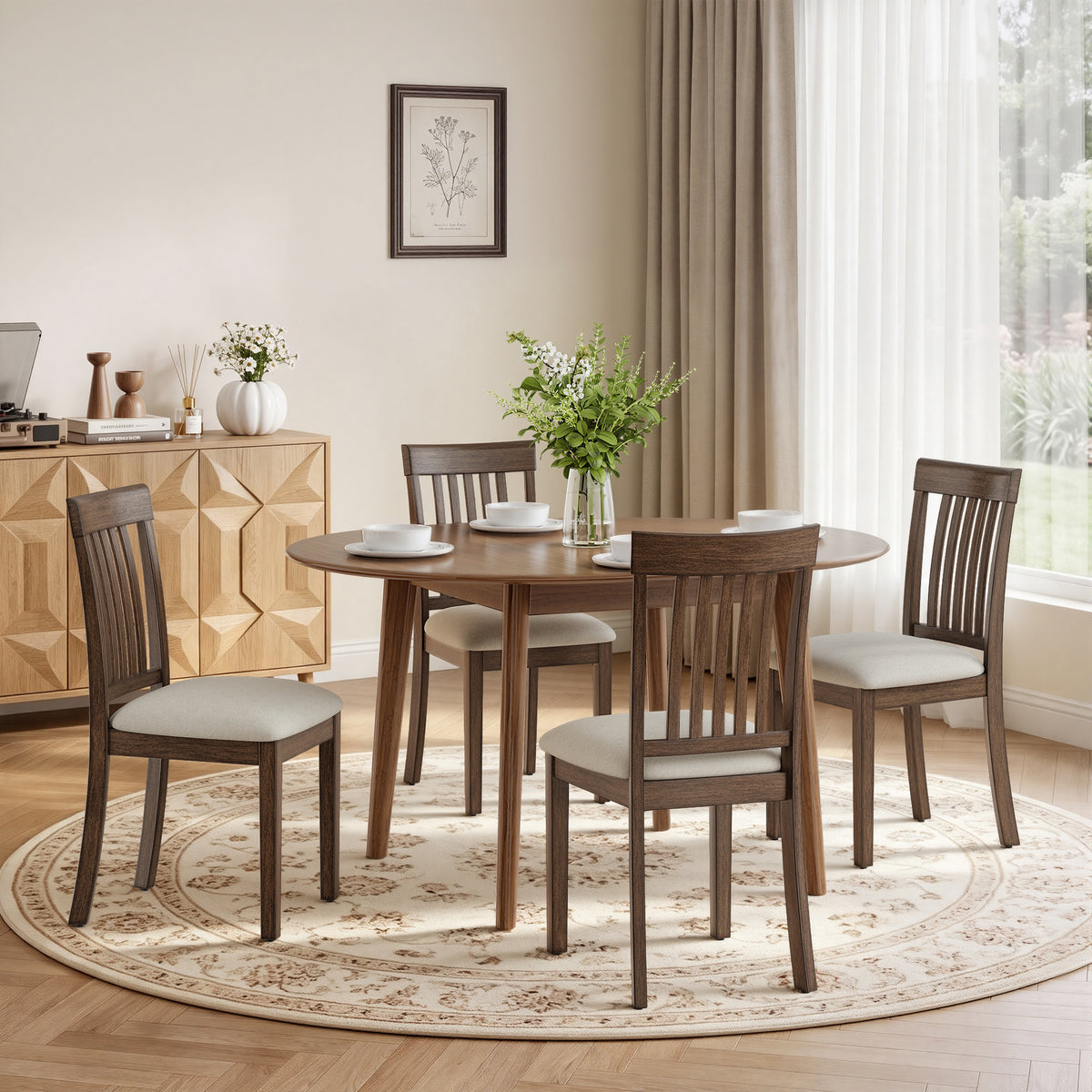 EOP Upholstered Dining Chair, Farmhouse Kitchen Wood Chairs with Backrest, Modern Fabric Padded Dining Chairs for Kitchen, Living Room