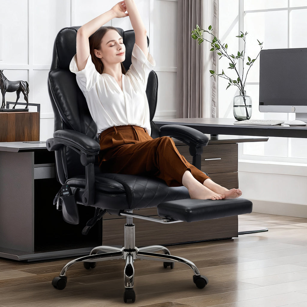 EOP Massage Office Chair, Reclining Faux Leather Chair with Heat and 6 Vibration Points, Big and Tall Executive Desk Chair with Headrest and Adjustable Footrest, Black