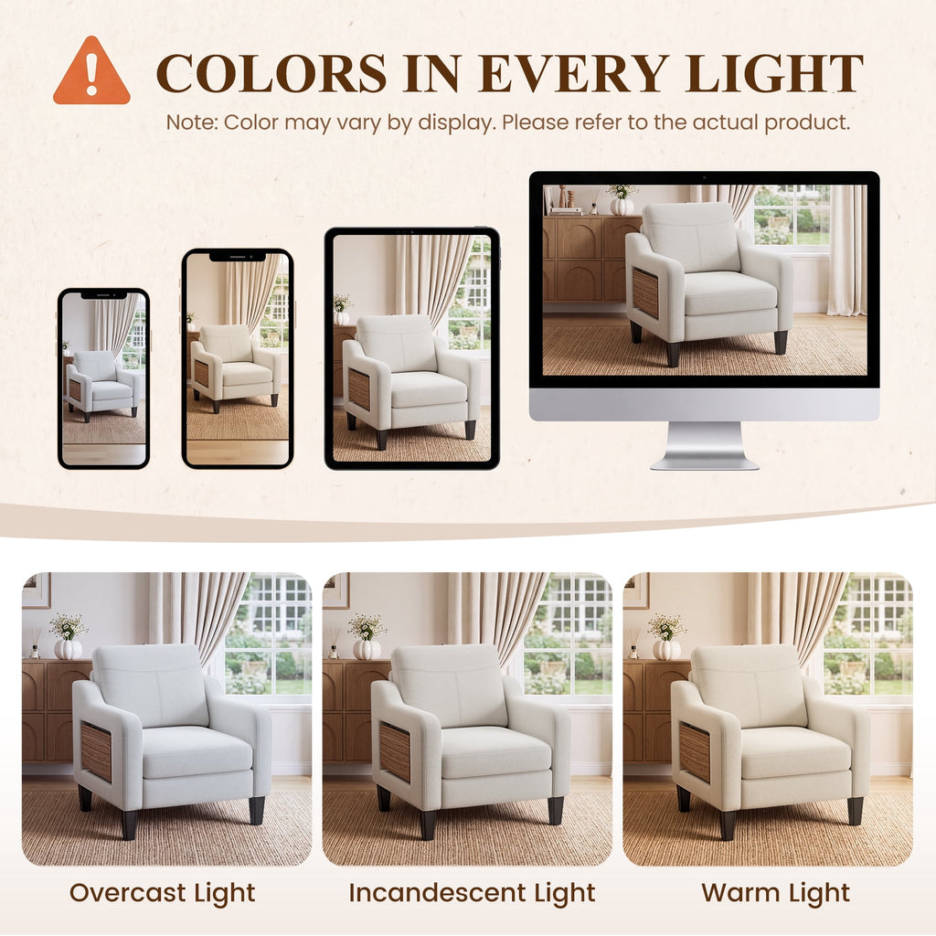 EOP Modern Comfy Armchair, Linen Fabric Accent Chair with Side Pockets, Living Room Chair with Foldable Table, Upholstered Reading Chair for Bedroom, Beige