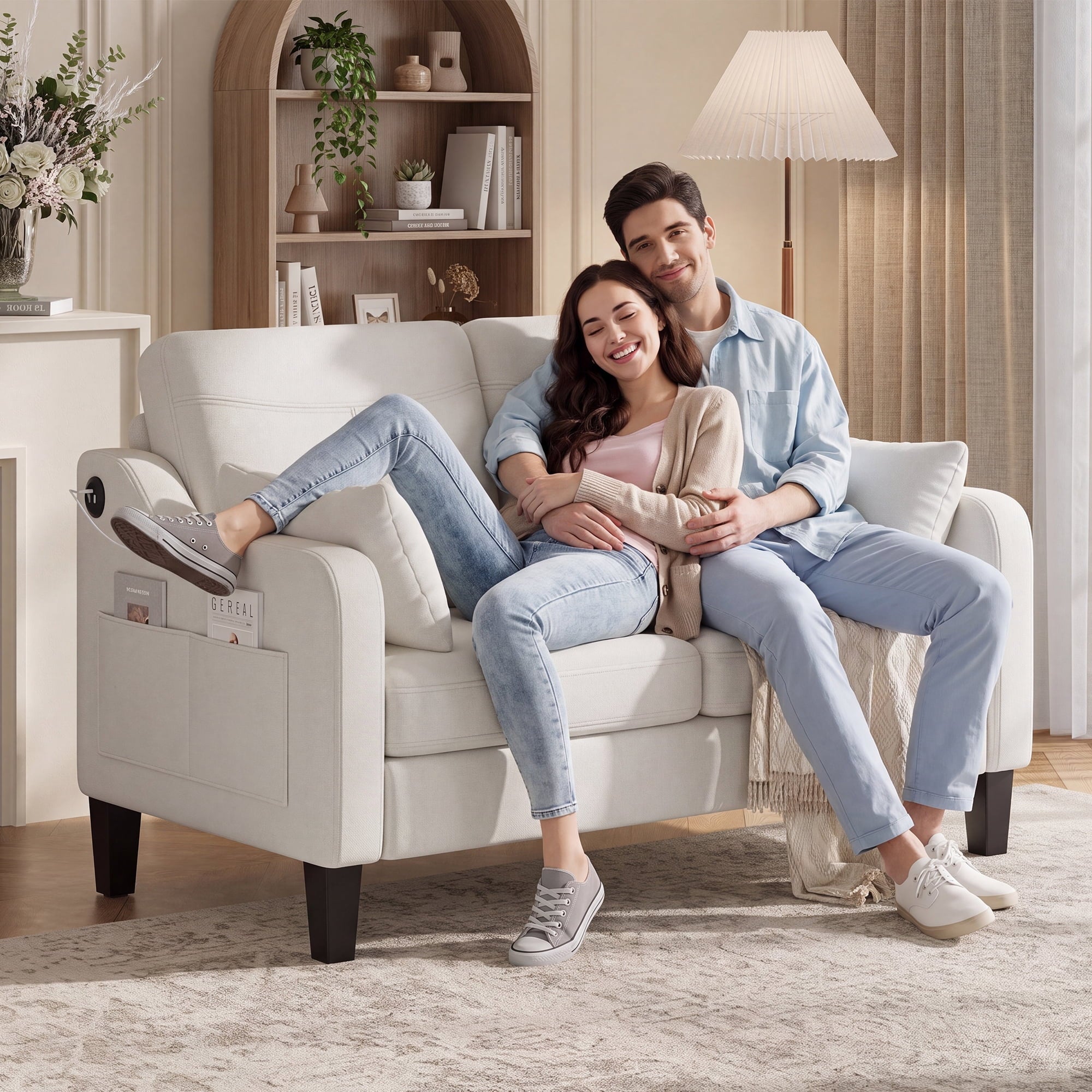 EOP 52" Upholstered Loveseat Sofa with USB & Type-C Charging, 2 Seater Small Couch with Storage Pockets & Armrest Pillows for Living Room, Apartment, Office, Small Spaces, Beige