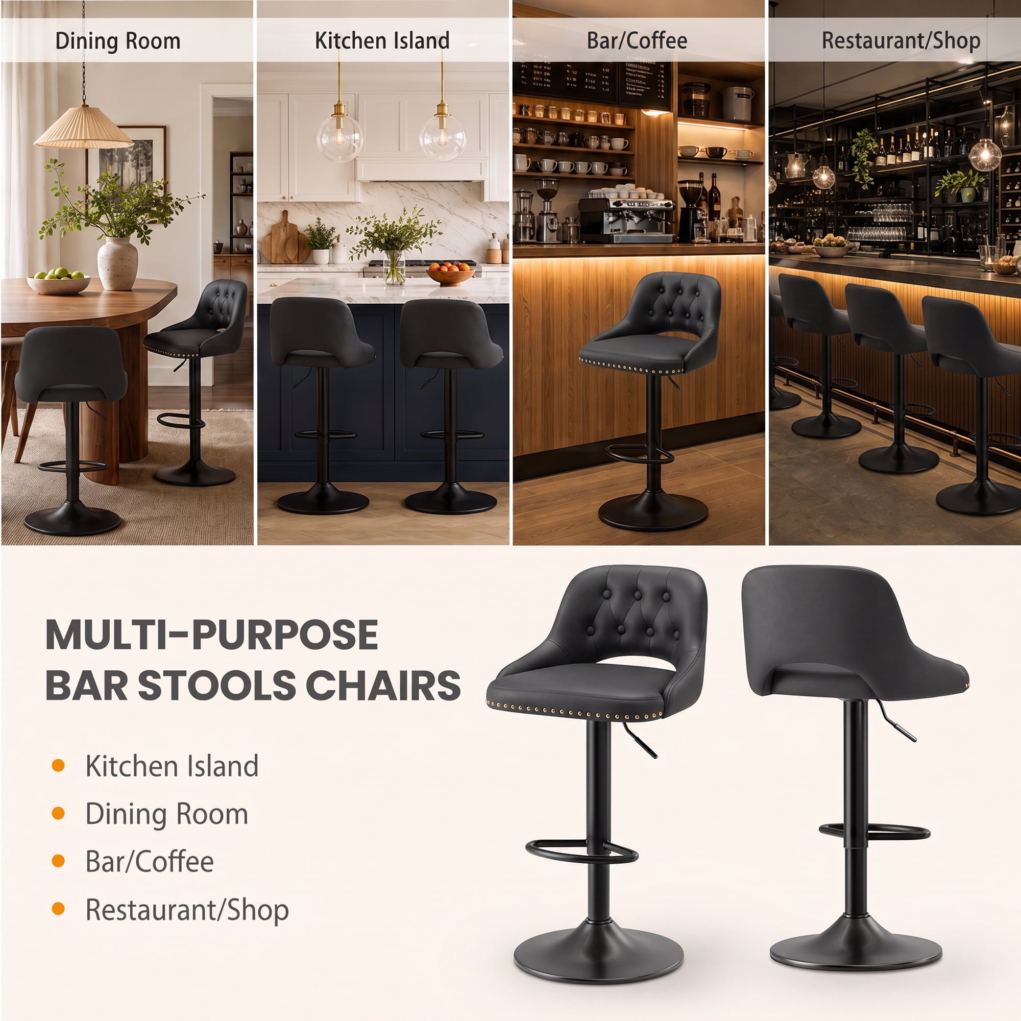 EOP Swivel Bar Stool, Adjustable Height PU Leather Bar Chair with Curved Backrest, Counter Height Seating for Kitchen Island Dining Room, Black