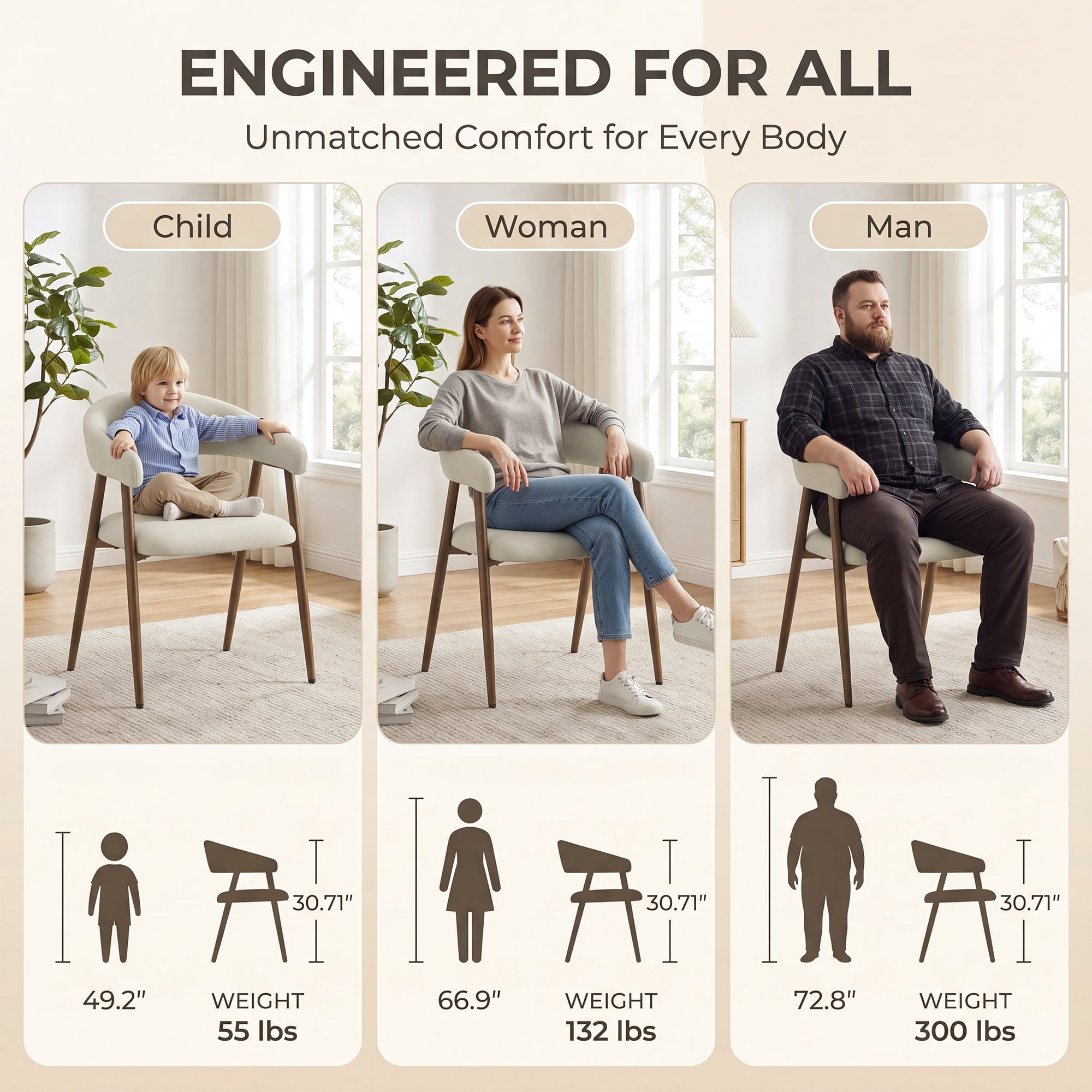 EOP Modern Linen Fabric Dining Chairs Set of 2, Upholstered Kitchen Chair with Metal Leg for Dining Room Restaurant, Beige