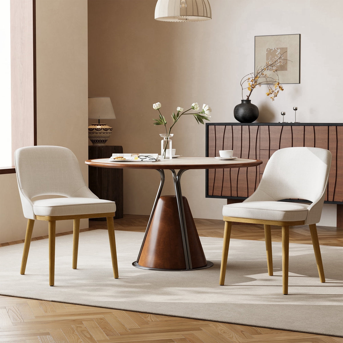 EOP Modern Dining Chairs Set of 2, Upholstered Dining Side Chairs with Solid Rubber Wood Legs, Open Back Design, Pet-Friendly Scratch-Resistant, Kitchen Dining Room Living Room Chairs, Beige