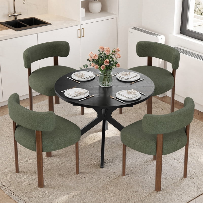 EOP 5-Piece Dining Set with Expandable 43″- 59″ Dining Table and 4 Upholstered Chairs for Small Spaces Small Home Kitchen Apartment, Black Table with Green Chairs