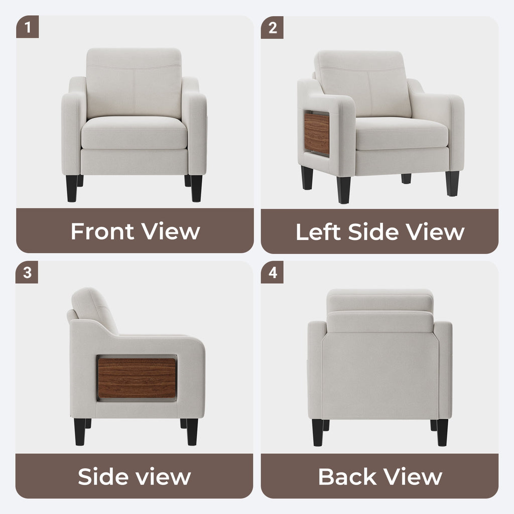 EOP Accent Chair with Foldable Table, Beige Linen Fabric Armchair with Side Pockets, Comfy Reading Chair for Living Room Bedroom
