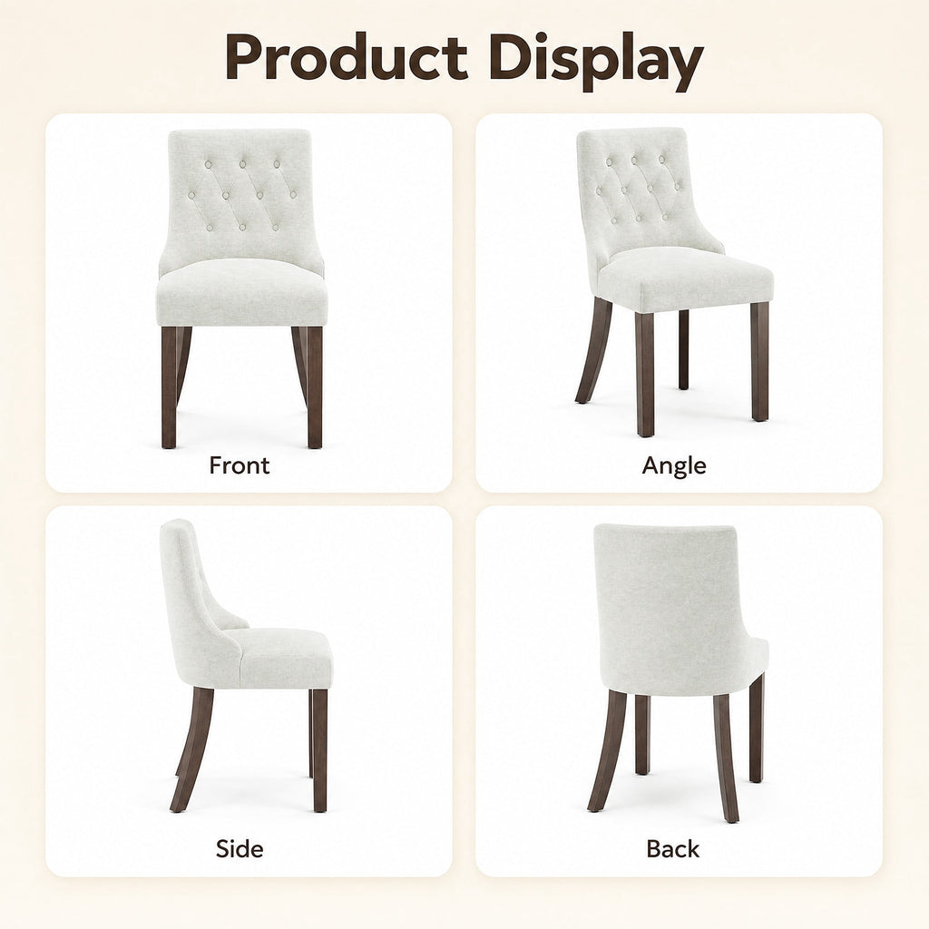 EOP Mid Century Modern Dining Chairs Set of 2, Farmhouse Upholstered Kitchen Chairs with Solid Wood Legs and Button Tufted for Dining Room, Beige