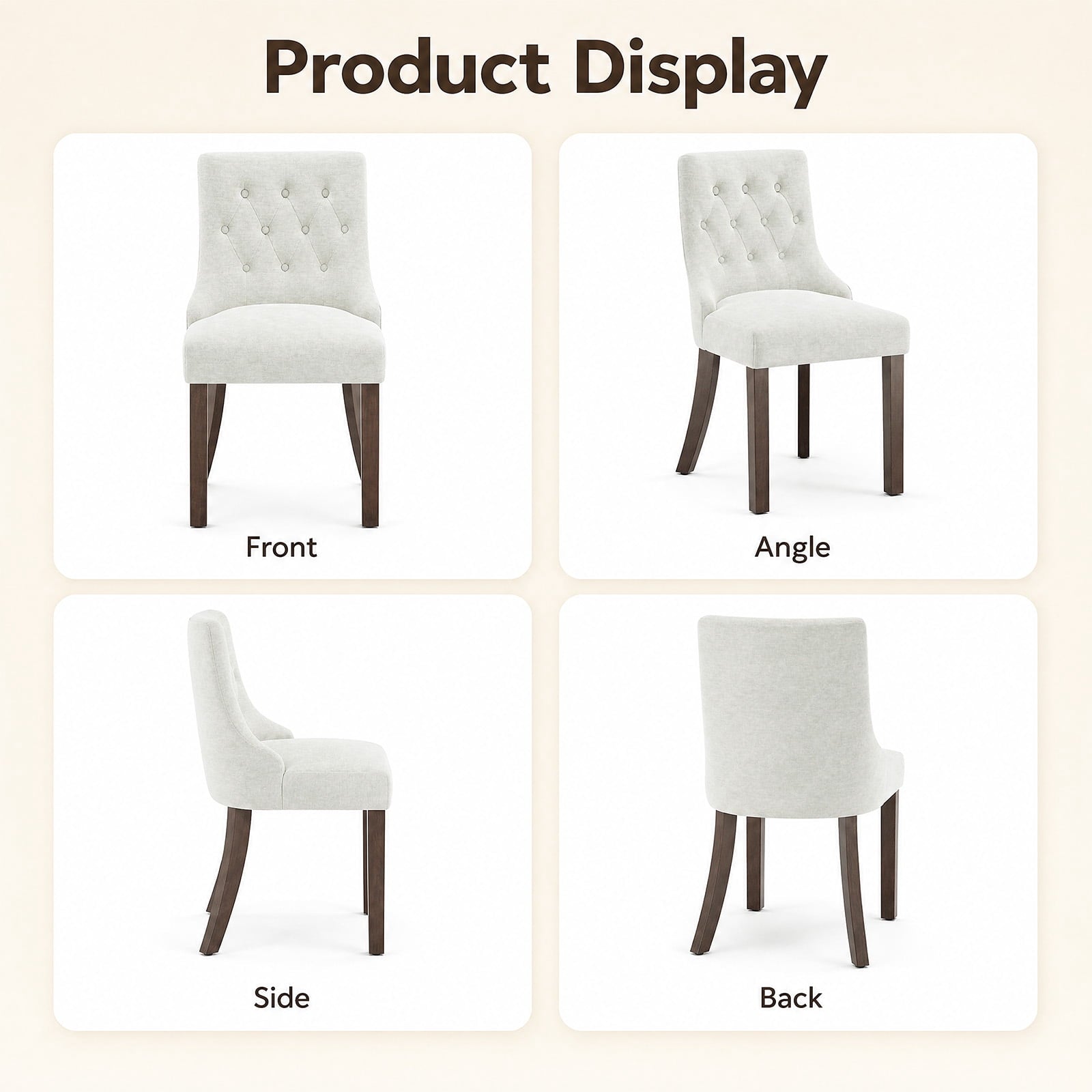 EOP Mid Century Modern Dining Chairs Set of 2, Farmhouse Upholstered Kitchen Chairs with Solid Wood Legs and Button Tufted for Dining Room, Beige
